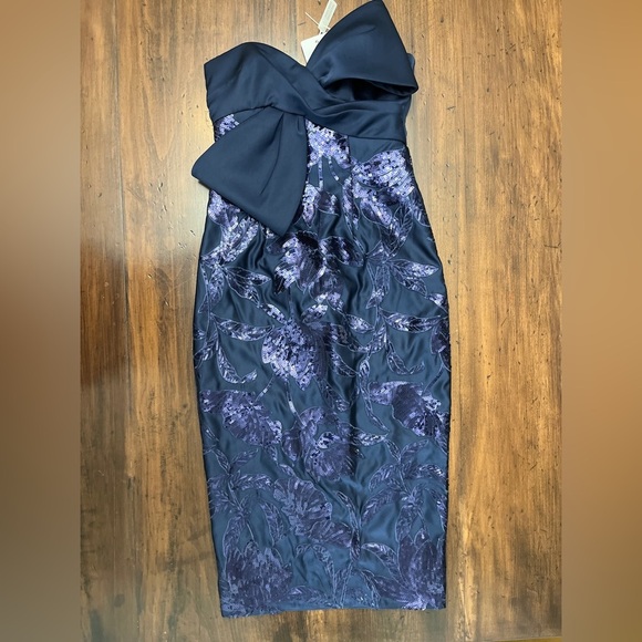 Marchesa Notte Lotus Sequin Midi Dress Size 2 Navy Formal Elegant Party Evening - Picture 3 of 16